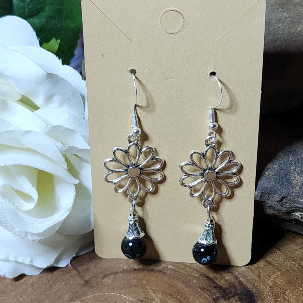 Silver Toned Floral Dangle Earrings with Black & Gray Swirl Glass Beads